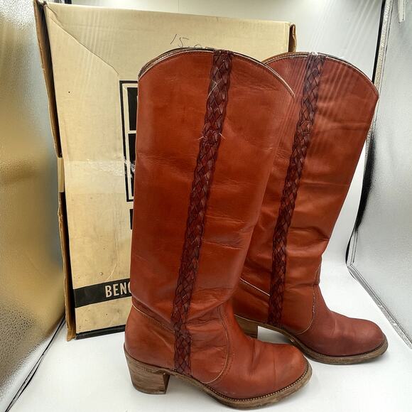 Vintage FRYE Braided Campus Boots 7.5 Tall With Box Brown Red - Picture 1 of 8